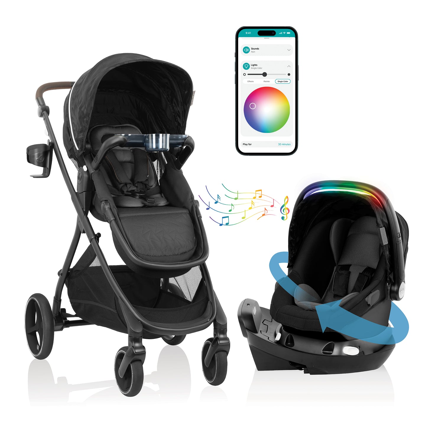 Evenflo Shyft Intuiti+ Travel System featuring Revolve180 LiteMax NXT with SensorySoothe (Dubhan Black)